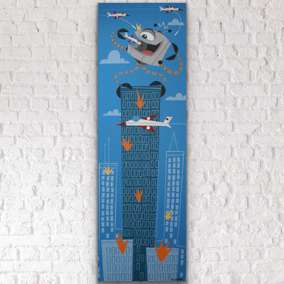 “Under The Sea” is a 30x96" acrylic painting of a robot enjoying lunch in a big city. This original painting is acrylic on particle board with a 1.5” deep wood frame, ready to hang by the artist Scooter.