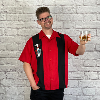 This loose, comfortable, and airy "Lucky Strike" PopCheck Double Panel Bowling Shirt in Red/Black is great for all you cool cats and bowling lovers out there! It features an embroidered, retro styled, bowling pin on a single black panel on a red polyester shirt.  