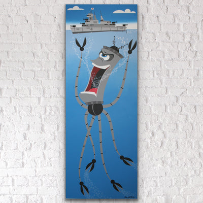 “Under The Sea” is a 36x96" acrylic painting of an underwater robot about to destroy a ship. This original painting is acrylic on particle board with a 1.5” deep wood frame, ready to hang by the artist Scooter.