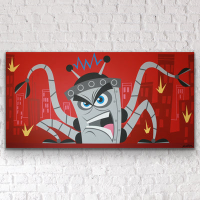 “Robot Rampage” is a 96x48" acrylic painting of a robot rampaging a city. This original painting is acrylic on particle board with a 1.5” deep wood frame, ready to hang by the artist Scooter.