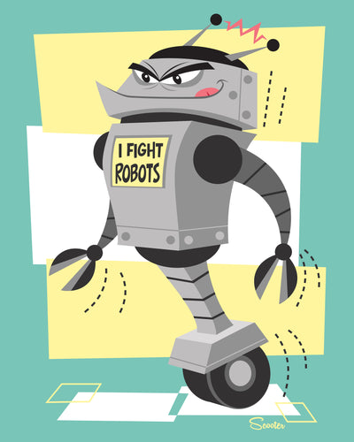 "I Fight Robots 1" is one of a collection of retro, mid century modern styled, high quality prints of robots by the artist Scooter. All prints are professionally printed, packaged, and shipped. Choose from multiple sizes and mediums.