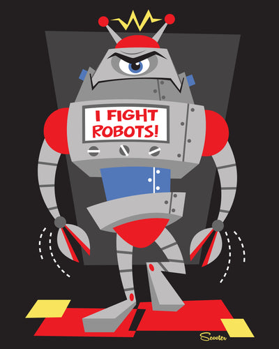 "I Fight Robots 3" is one of a collection of retro, mid century modern styled, high quality prints of robots by the artist Scooter. All prints are professionally printed, packaged, and shipped. Choose from multiple sizes and mediums.