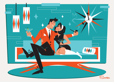 ‘Love Seat’ is a mid-century modern styled high-quality print of Johnny and June Atomic, a retro couple on a love seat from the mid-century modern era, by the artist Scooter. All prints are professionally printed, packaged, and shipped. Choose from multiple sizes and mediums.
