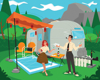 "Airstreamin' at Half Dome" is a fun, retro mid-century modern styled high-quality print of a happy couple living out their dreams camping in an Airstream by the artist Scooter. All prints are professionally printed, packaged, and shipped. Choose from multiple sizes and mediums.
