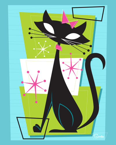 "Atomic Princess Cat 2" is one of two, fun mid century modern styled high quality prints of retro princess cats by the artist Scooter. All prints are professionally printed, packaged, and shipped. Choose from multiple sizes and mediums.