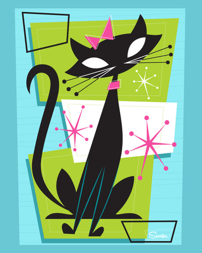 "Atomic Princess Cat" is one of two, fun mid century modern styled high quality prints of retro princess cats by the artist Scooter. All prints are professionally printed, packaged, and shipped. Choose from multiple sizes and mediums.