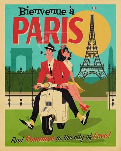 ‘Bienvenue á Paris’ is a mid-century modern, travel poster styled high-quality print, of Johnny and June Atomic, scootering through Paris, by the artist Scooter. All prints are professionally printed, packaged, and shipped. Choose from multiple sizes and mediums.