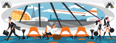 'French Layover' is a retro mid century modern styled high quality print that pays homage to the days of Pan Am Airlines by the artist Scooter. All prints are professionally printed, packaged, and shipped. Choose from multiple sizes and mediums.