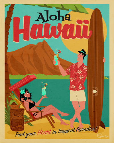 ‘Aloha Hawaii’ is a mid-century modern, travel poster styled high-quality print, of Johnny and June Atomic, relaxing in Hawaii, by the artist Scooter. All prints are professionally printed, packaged, and shipped. Choose from multiple sizes and mediums.
