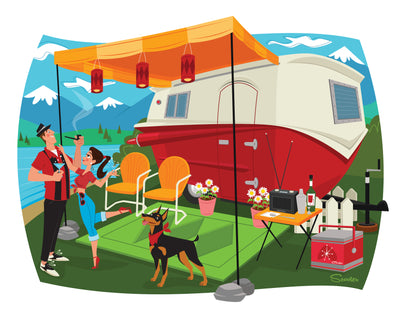 "Livin’ The Relic Dream" is a fun, retro mid century modern styled high quality print of a happy couple living out their dreams camping in a Relic custom trailer by the artist Scooter. All prints are professionally printed, packaged, and shipped. Choose from multiple sizes and mediums.