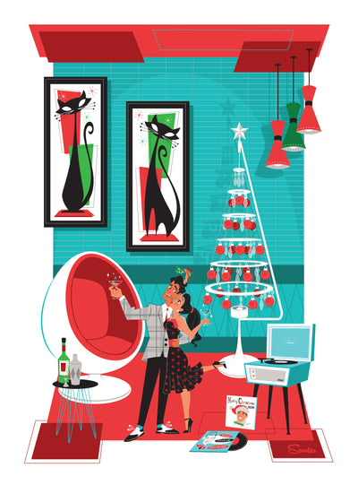 “Martinis & Mistletoe” is a fun, retro mid-century modern styled high-quality print of a happy couple enjoying Martinis under the mistletoe at Christmas time by the artist Scooter. All prints are professionally printed, packaged, and shipped. Choose from multiple sizes and mediums.