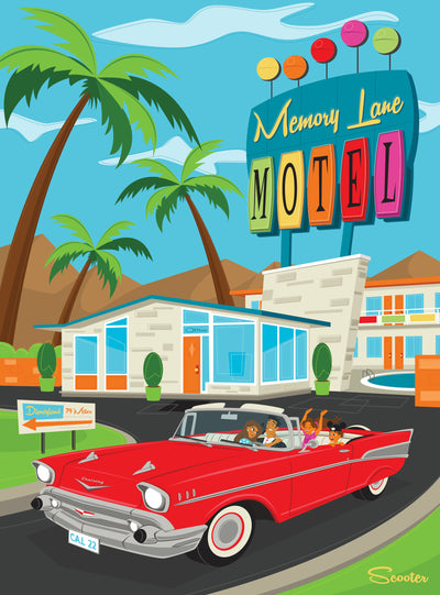 "Trip Down Memory Lane" is a retro, mid-century modern, high-quality print of a family taking a road trip down memory lane by the artist Scooter. All prints are professionally printed, packaged, and shipped. Choose from multiple sizes, mediums and framing options.
