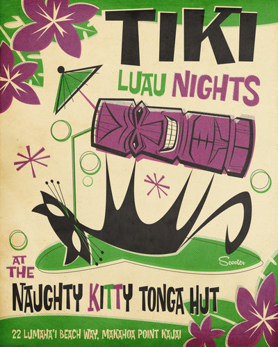 "Naughty Kitty Tonga Hut" is a retro, mid-century modern, Tiki styled high-quality print by the artist Scooter. All prints are professionally printed, packaged, and shipped. Choose from multiple sizes and mediums. 