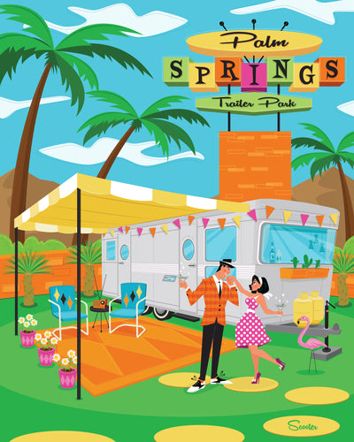 "Palm Springs Trailer Park" is a fun, retro mid-century modern styled high-quality print of a happy couple living out their dreams camping in a Spartan custom trailer by the artist Scooter. This piece was featured on the cover of Vintage Camper Trailers Magazine. All prints are professionally printed, packaged, and shipped. Choose from multiple sizes and mediums.