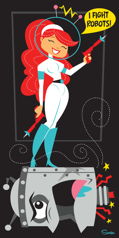 "Spacegirl "I Fight Robots" is one of a collection of Sci Fi, retro, mid century modern styled, high quality prints where space girls fight robots in space by the artist Scooter. All prints are professionally printed, packaged, and shipped. Choose from multiple sizes and mediums.