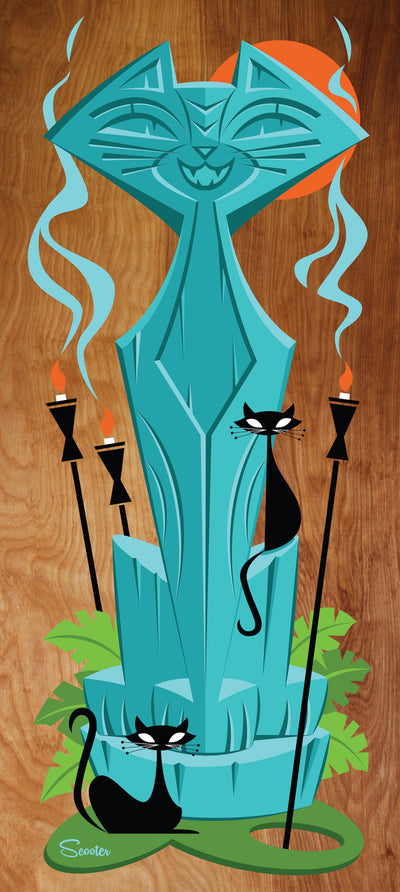 Tiki pā’ina (a.k.a “Tiki Cat Party”) is a high-quality print of the original acrylic painting of a tiki cat on stained birch wood by the artist Scooter. All prints are professionally printed, packaged, and shipped. Choose from multiple sizes and mediums.