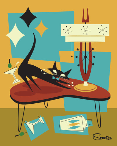 "Oops!...I Did It Again" is a retro mid-century styled high quality print of a mischievous black cat knocking over a martini glass by the artist Scooter. All prints are professionally printed, packaged, and shipped. Choose from multiple sizes and mediums.