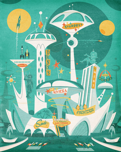 ‘Sci-Fi City’ is a mid-century modern styled, high-quality print inspired by the vision of what futuristic Las Vegas would look like back in the 1950's. The retro, fun shapes, colors and design also pay homage to my childhood influence of watching Flash Gordon. All prints are professionally printed, packaged, and shipped. Choose from multiple sizes and mediums.