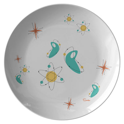 Scooter’s super fun, custom “Sci-Fi” 10” Dinner Plates are the perfect retro addition to any dinner table! The “Sci-Fi” design is inspired by the atomic retro, space shapes, colors and designs from the 1950’s. These dinner plates are manufactured from revolutionary ThermoSāf® Polymer that is: