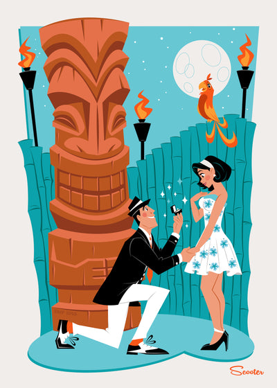 ‘She Said Yes!’ is a mid-century modern styled high-quality print of Johnny and June Atomic, a retro couple getting engaged, from the mid-century modern era, by the artist Scooter. All prints are professionally printed, packaged, and shipped. Choose from multiple sizes and mediums.