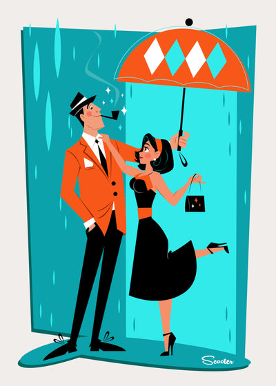 ‘Superhero’ is a mid-century modern styled high-quality print, of Johnny and June Atomic, a retro couple walking in the rain, by the artist Scooter. All prints are professionally printed, packaged, and shipped. Choose from multiple sizes and mediums.