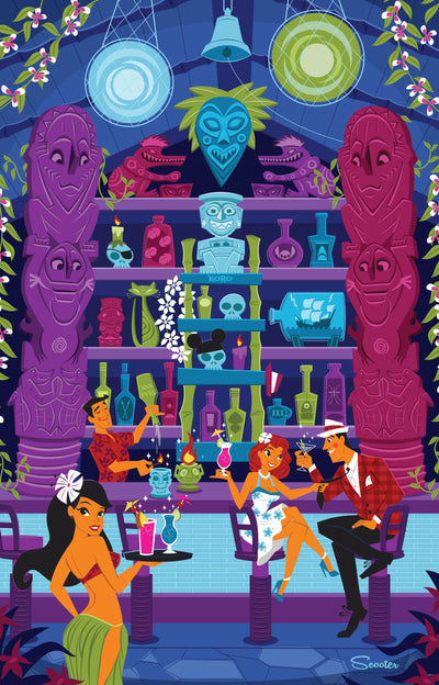 "Enchanted Tiki Room" is a retro, mid-century modern, Tiki styled high-quality print by the artist Scooter. All prints are professionally printed, packaged, and shipped. Choose from multiple sizes and mediums.