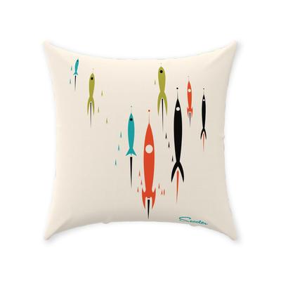 Scooter’s cozy designer “Retro Rockets” throw pillows feature high-quality fabric and mid century modern prints that will upgrade your space. Keeping an assortment of comfy, retro throw pillow designs on hand is the easiest way to give any space an instant refresh. Change them every season, month, week… day? No one can stop you!   The “Retro Rockets” design is inspired by the vision of what futuristic rockets would look like back in the 1950's. The retro, fun shapes, colors and design